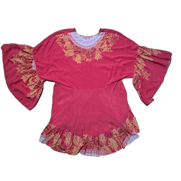 Free People Sunset Dreams printed flare sleeve blouse sz Small red - Picture 10 of 16